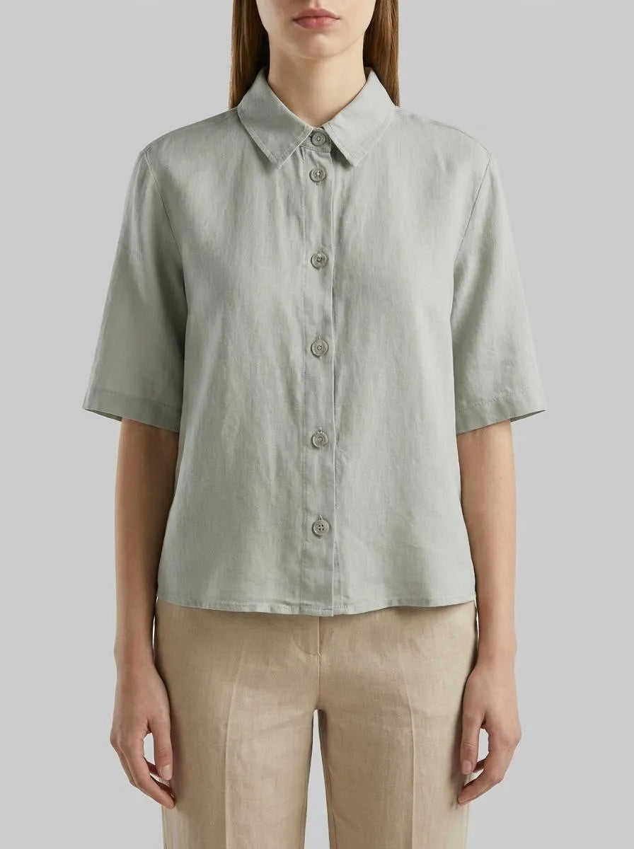 Benetton Light Green Women Short Shirt in Pure Linen SKU: 5BML5QB75_17E Image 00