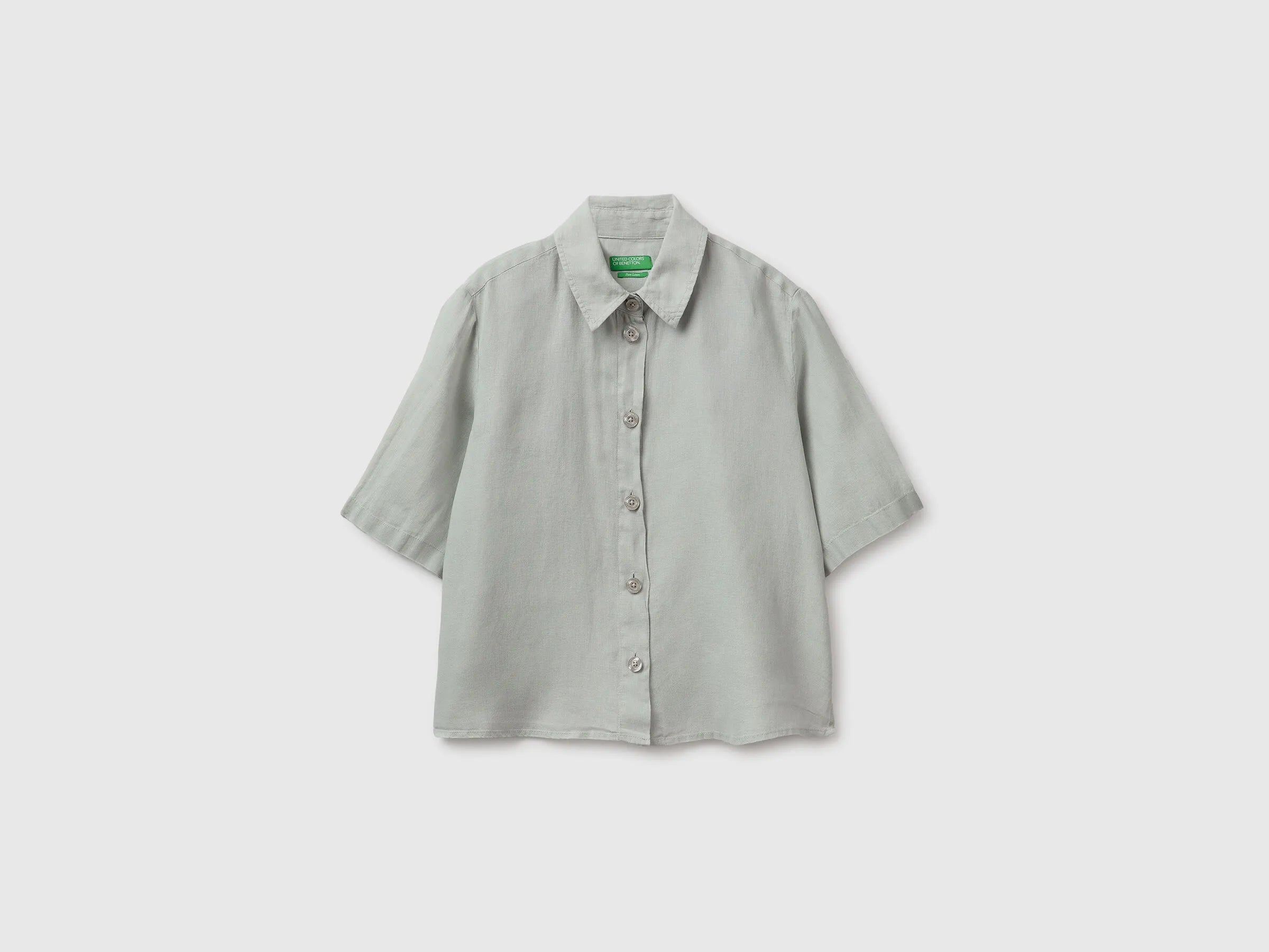 Benetton Light Green Women Short Shirt in Pure Linen SKU: 5BML5QB75_17E Image 01