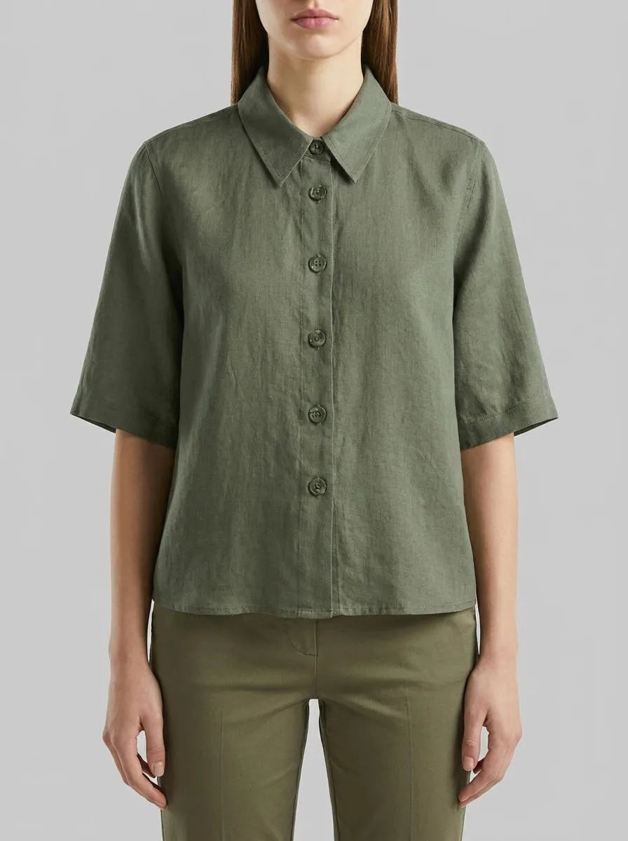 Benetton Military Green Women Short Shirt in Pure Linen SKU: 5BML5QB75_20W Image 00