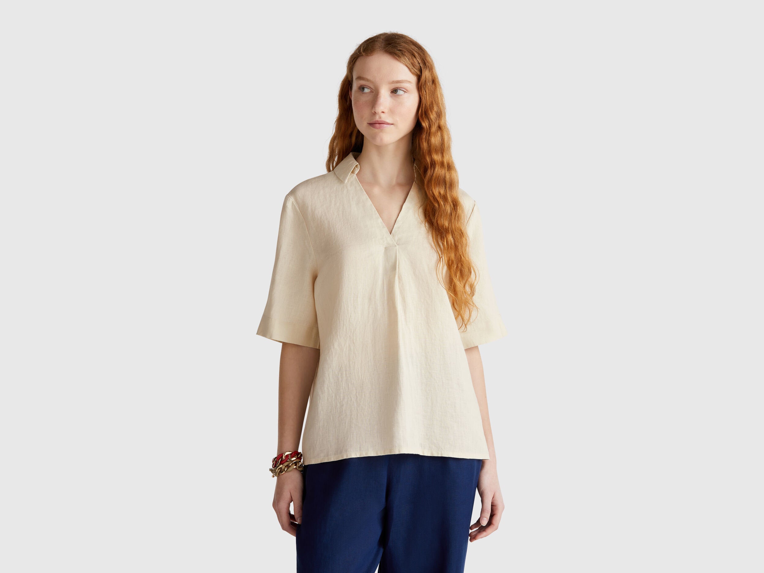 Benetton_Short Sleeve Blouse in Pure Linen_5BMLDQ0B6_152_01