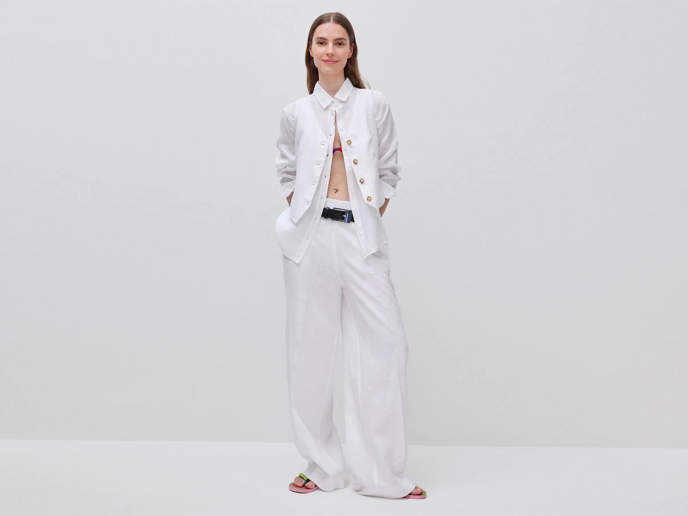 Benetton White Women Regular Fit Shirt in Pure Linen SKU: 5BMLDQ0D9_101 Image 03