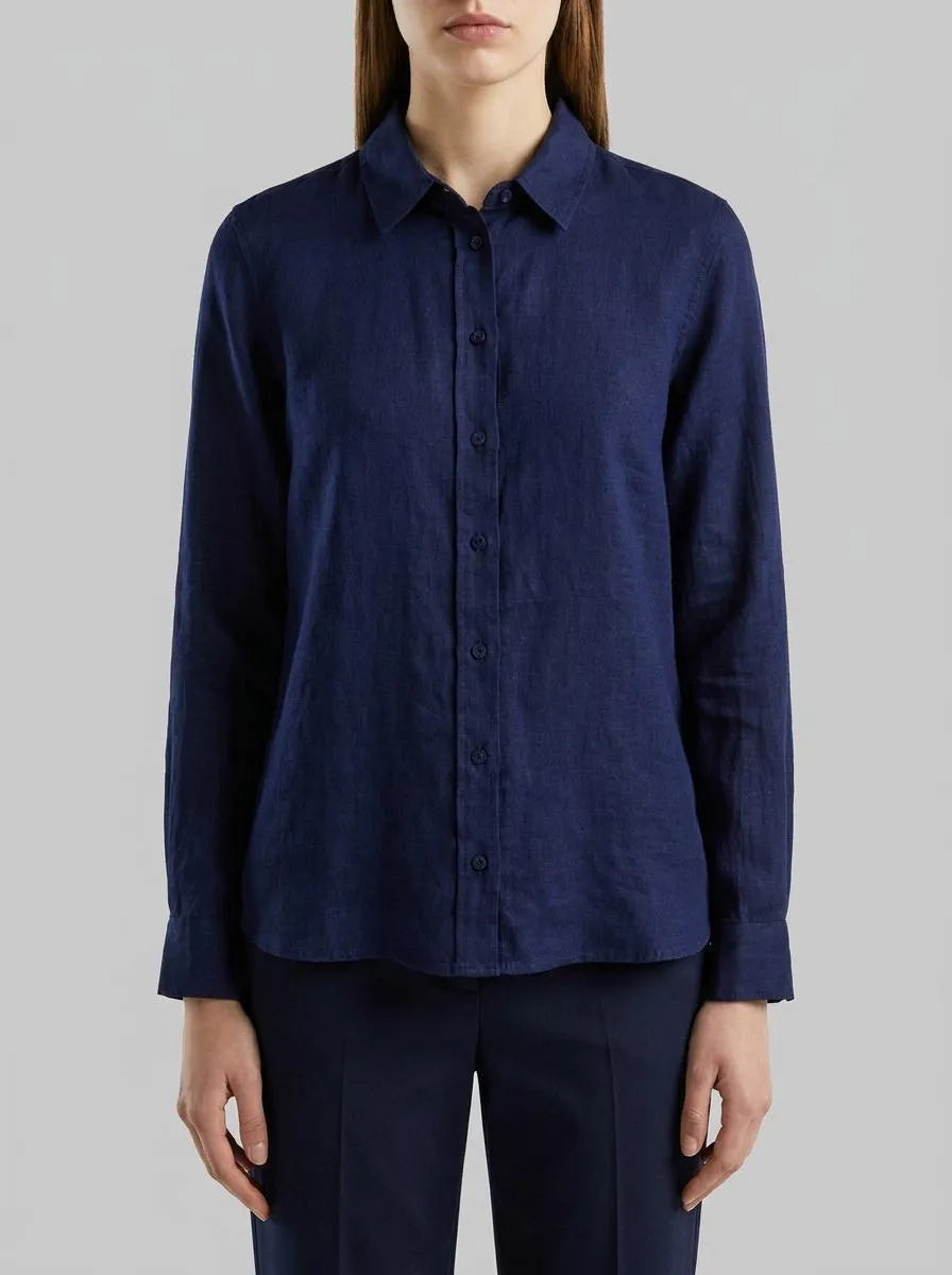 Benetton Dark Blue Women Regular Fit Shirt in Pure Linen SKU: 5BMLDQ0D9_252 Image 00
