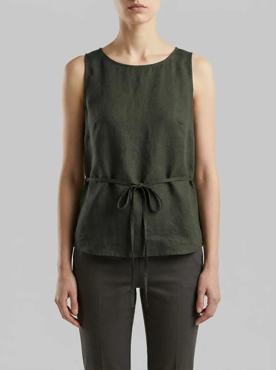 Benetton Military Green Women 100% Linen Tank Top with Strap SKU: 5BMLDQ0DZ_20W Image 00