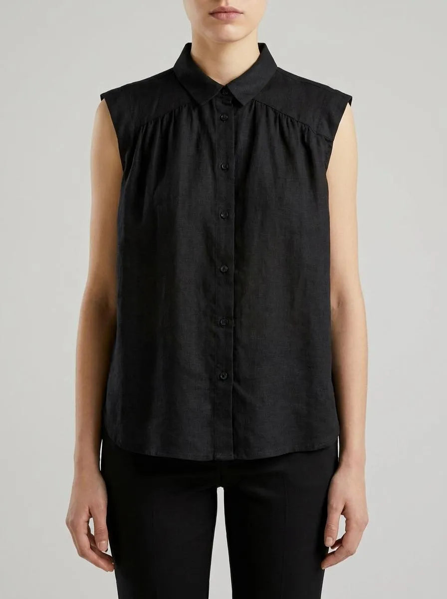 Benetton Black Women 100% Linen Sleeveless Blouse SKU: 5BMLDQ0E0_100 Image 00