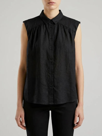 Benetton Black Women 100% Linen Sleeveless Blouse SKU: 5BMLDQ0E0_100 Image 00