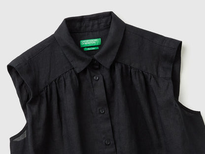 Benetton Black Women 100% Linen Sleeveless Blouse SKU: 5BMLDQ0E0_100 Image 03