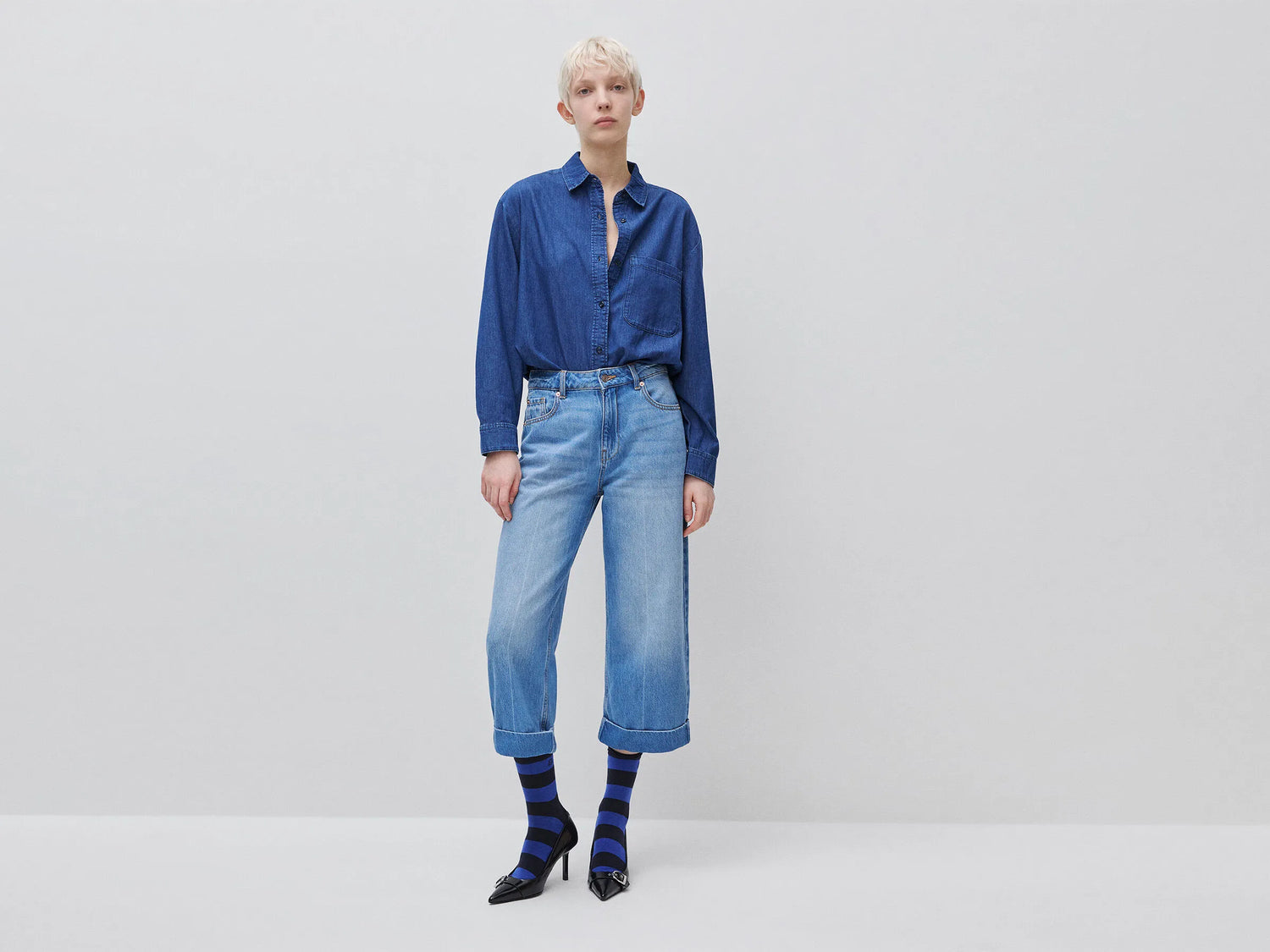 Benetton Blue Women Cropped Chambray Shirt SKU: 5DHJDQ0DT_901 Image 03