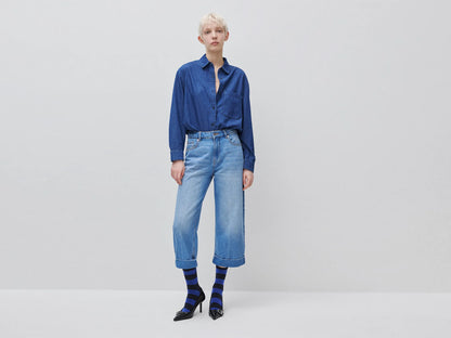 Benetton Blue Women Cropped Chambray Shirt SKU: 5DHJDQ0DT_901 Image 03