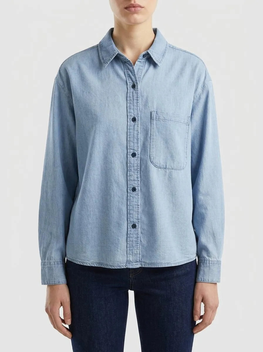 Benetton Light Blue Women Cropped Chambray Shirt SKU: 5DHJDQ0DT_902 Image 00
