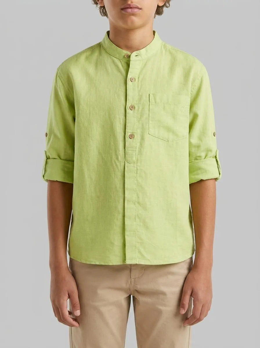 Benetton Lime Boys Linen Blend Mandarin Collar Shirt SKU: 5IPVCQ04T_0M4 Image 00