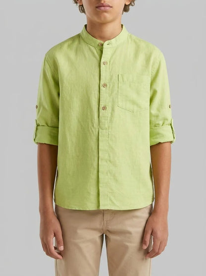 Benetton Lime Boys Linen Blend Mandarin Collar Shirt SKU: 5IPVCQ04T_0M4 Image 00
