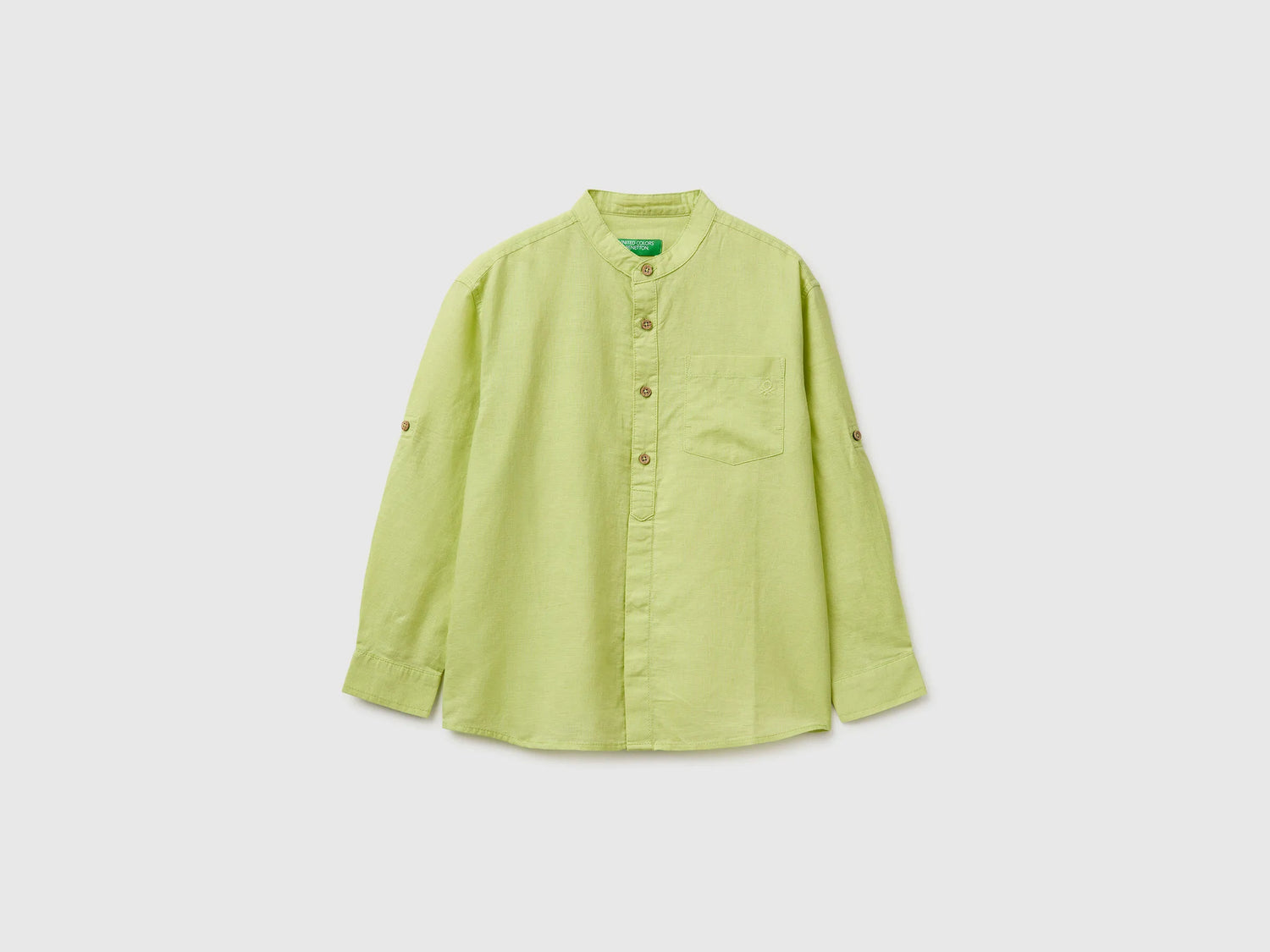 Benetton Lime Boys Linen Blend Mandarin Collar Shirt SKU: 5IPVCQ04T_0M4 Image 01
