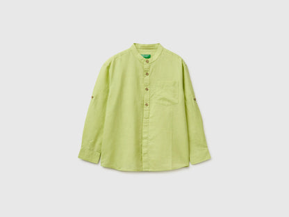 Benetton Lime Boys Linen Blend Mandarin Collar Shirt SKU: 5IPVCQ04T_0M4 Image 01