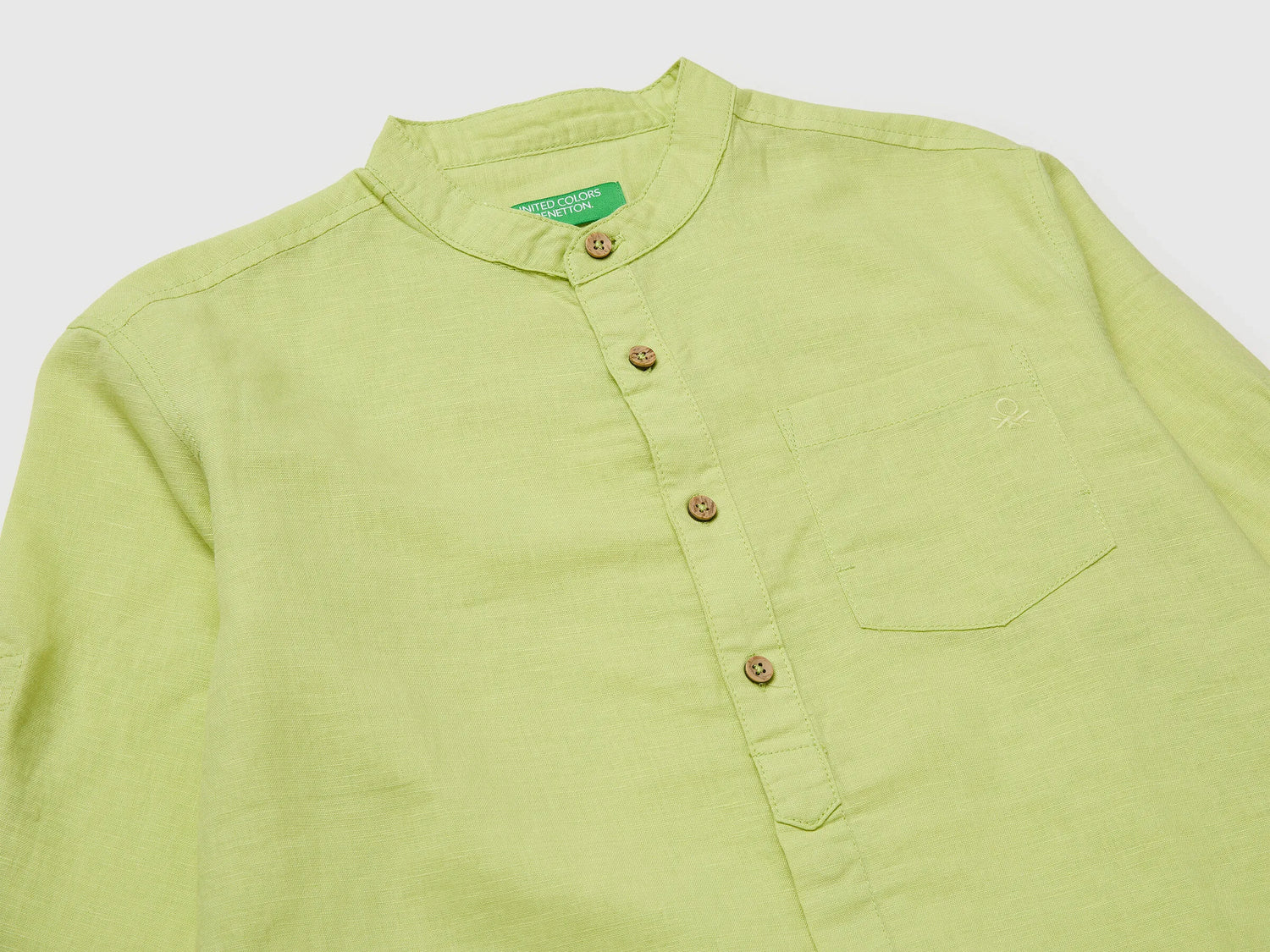 Benetton Lime Boys Linen Blend Mandarin Collar Shirt SKU: 5IPVCQ04T_0M4 Image 03