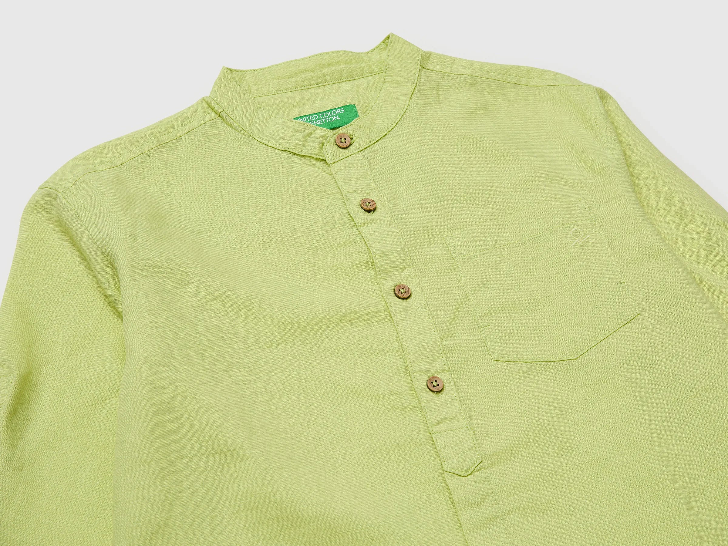 Benetton Lime Boys Linen Blend Mandarin Collar Shirt SKU: 5IPVCQ04T_0M4 Image 03