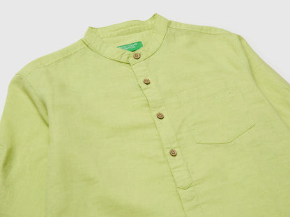 Benetton Lime Boys Linen Blend Mandarin Collar Shirt SKU: 5IPVCQ04T_0M4 Image 03
