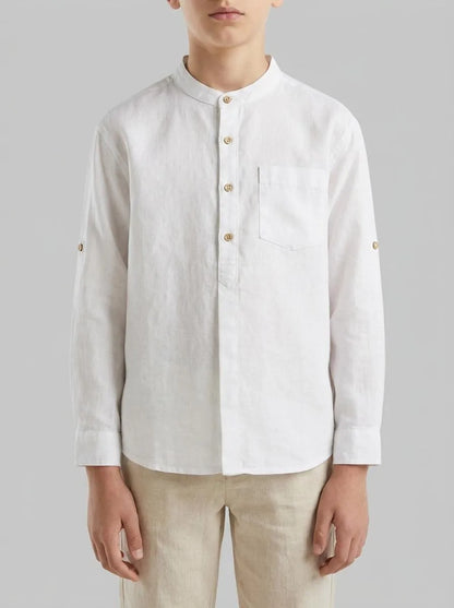 Benetton White Boys Linen Blend Mandarin Collar Shirt SKU: 5IPVCQ04T_101 Image 00