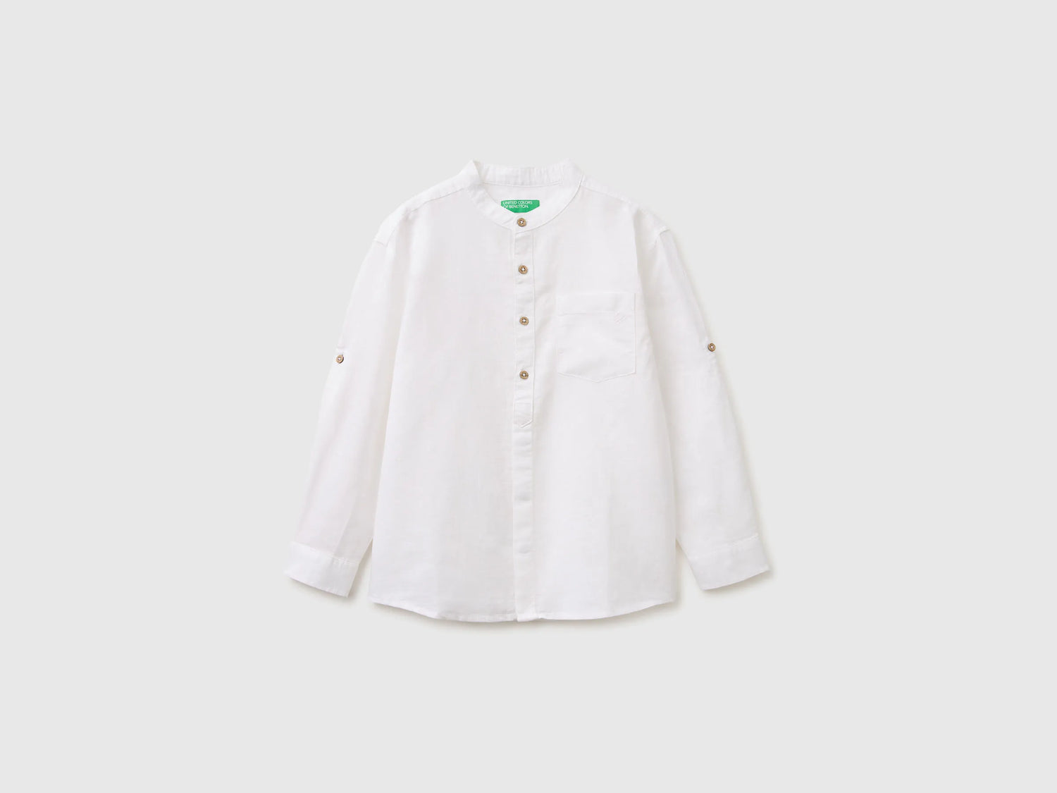 Benetton White Boys Linen Blend Mandarin Collar Shirt SKU: 5IPVCQ04T_101 Image 01