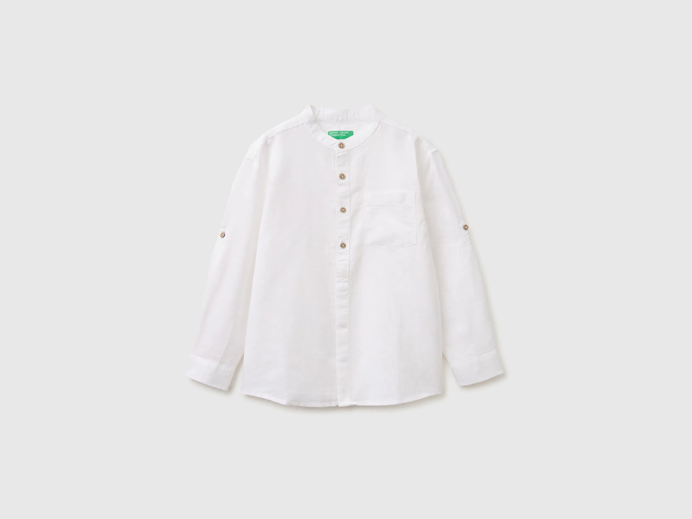 Benetton White Boys Linen Blend Mandarin Collar Shirt SKU: 5IPVCQ04T_101 Image 01