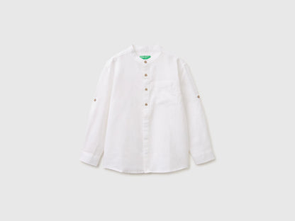 Benetton White Boys Linen Blend Mandarin Collar Shirt SKU: 5IPVCQ04T_101 Image 01