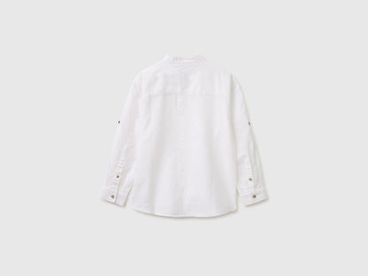 Benetton White Boys Linen Blend Mandarin Collar Shirt SKU: 5IPVCQ04T_101 Image 02