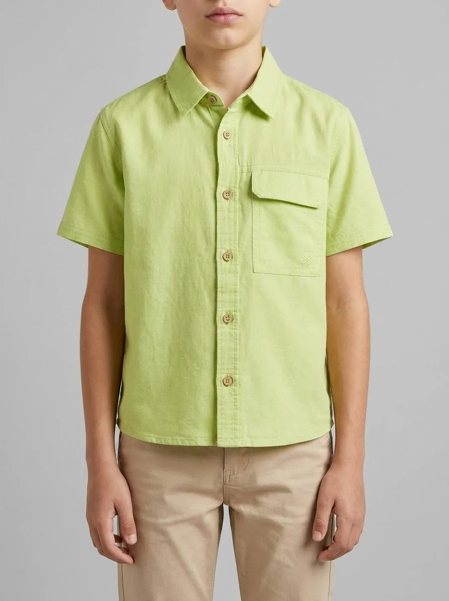 Benetton Lime Boys Short-Sleeved Linen Blend Shirt SKU: 5IPVGQ033_0M4 Image 00