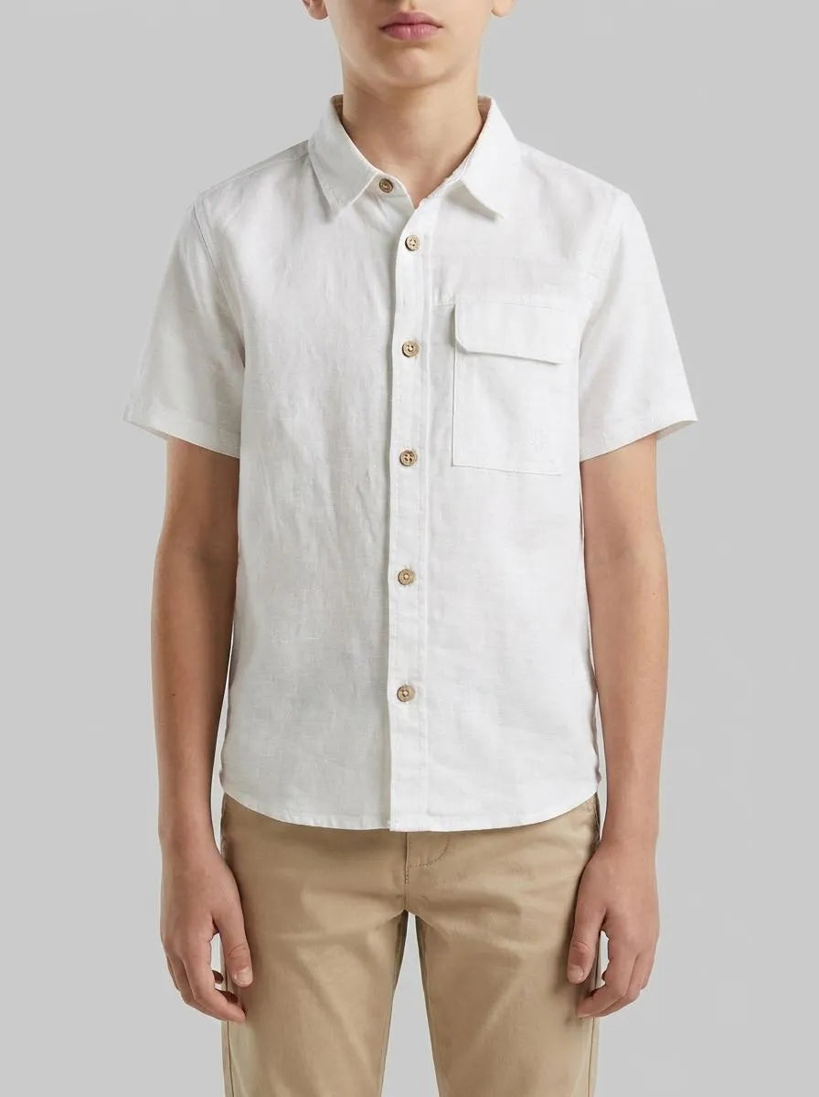Benetton White Boys Short-Sleeved Linen Blend Shirt SKU: 5IPVGQ033_101 Image 00