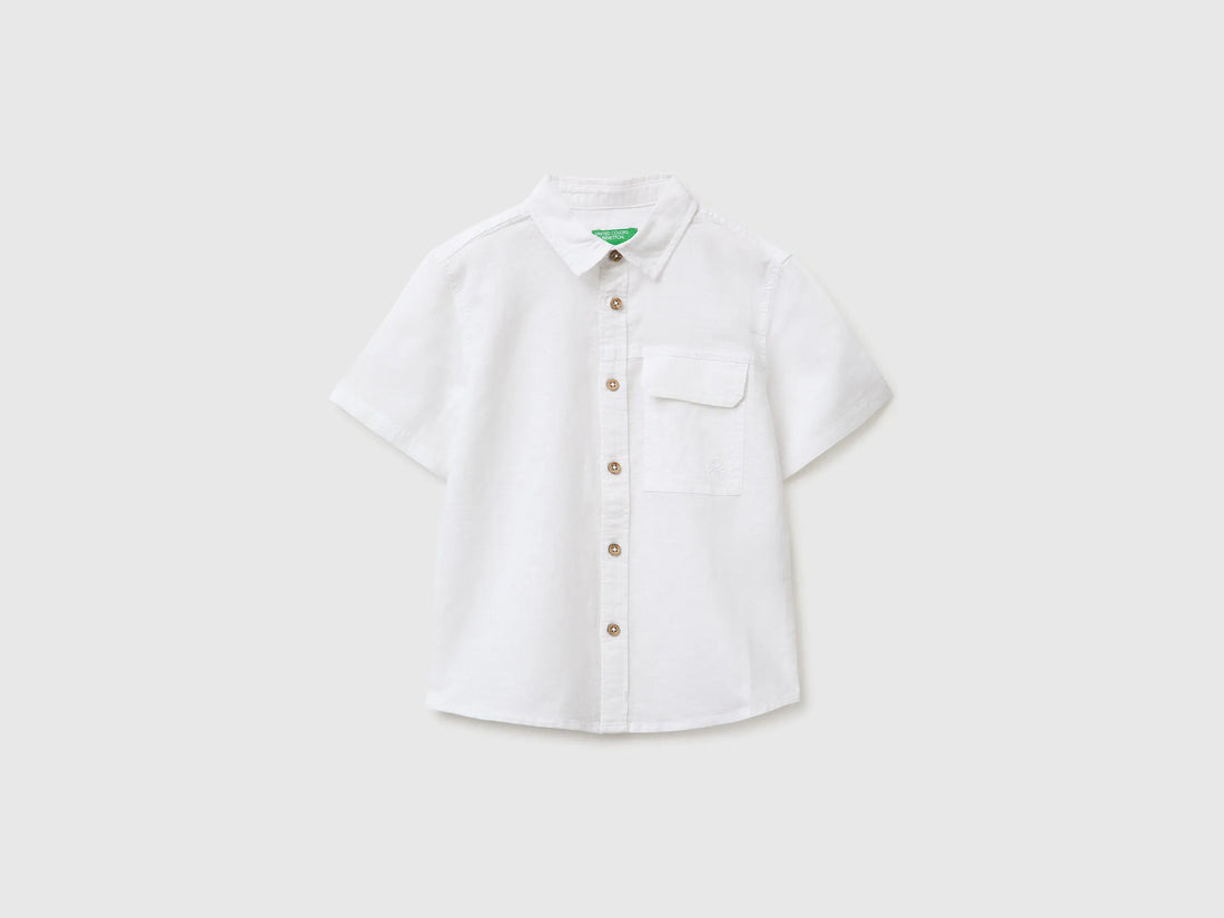Benetton White Boys Short-Sleeved Linen Blend Shirt SKU: 5IPVGQ033_101 Image 01