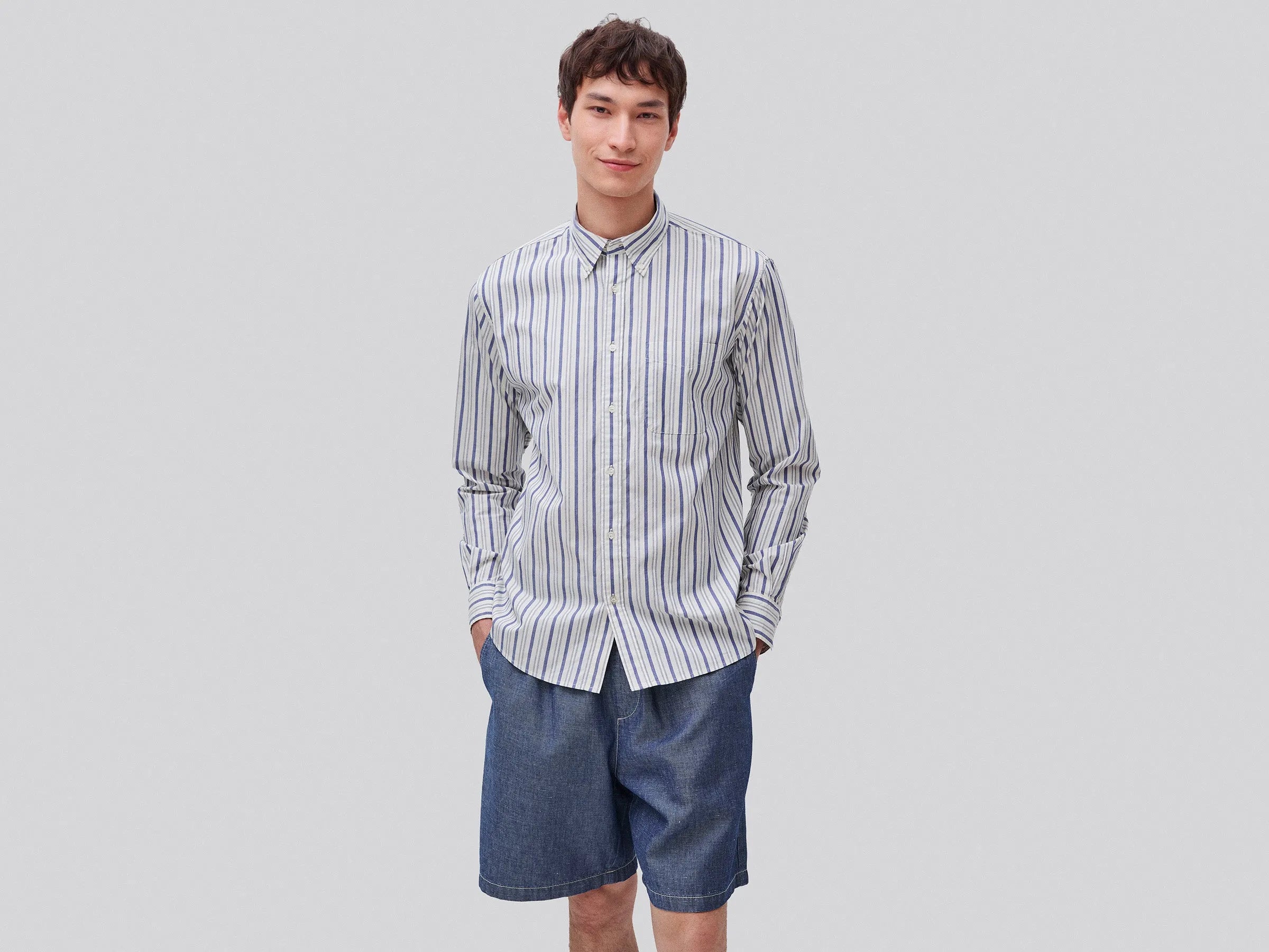 Benetton Creamy white Men Striped Button-Down Shirt SKU: 5KEJUQ076_901 Image 01