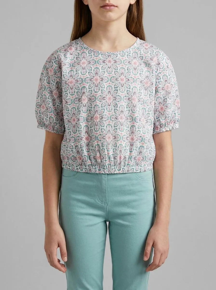 Benetton Aqua Girls Floral Blouse in Linen Blend SKU: 5NVDCQ04S_68D Image 00