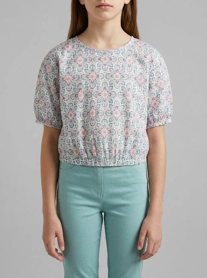 Benetton Aqua Girls Floral Blouse in Linen Blend SKU: 5NVDCQ04S_68D Image 00