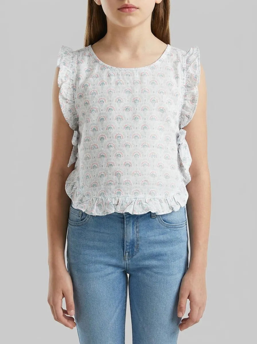 Benetton Aqua Girls Floral Blouse in Linen Blend SKU: 5NVDGQ035_68A Image 00