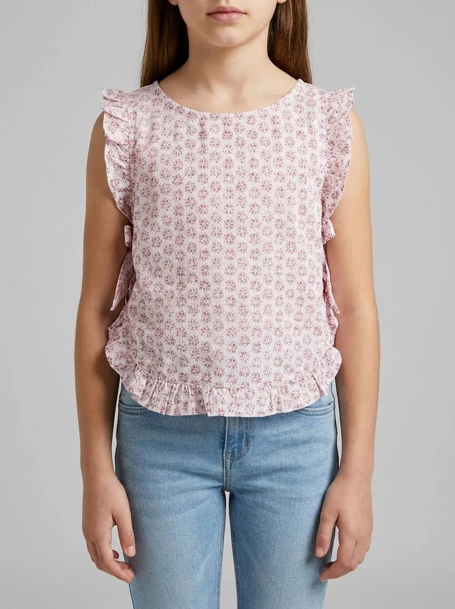 Benetton Pink Girls Floral Blouse in Linen Blend SKU: 5NVDGQ035_68E Image 00