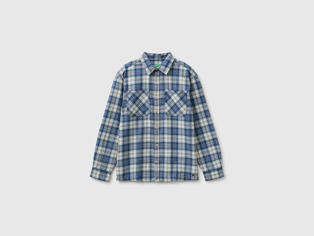 Benetton Dark Blue Boys Oversized Checked Shirt SKU: 5PBACQ055_902 Image 01