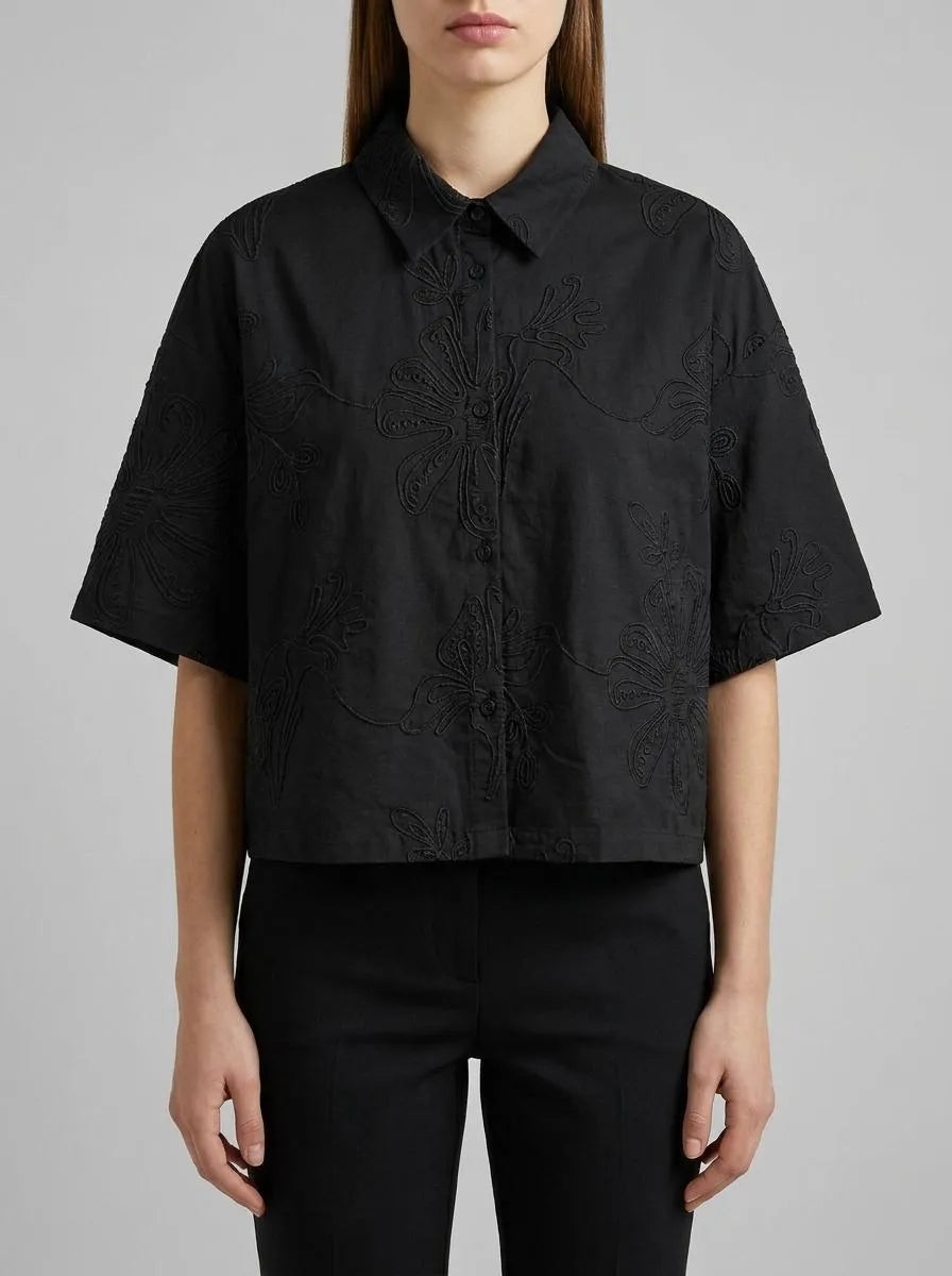 Benetton Black Women Cropped Shirt with Floral Embroidery SKU: 5RWNDQ0EK_100 Image 00