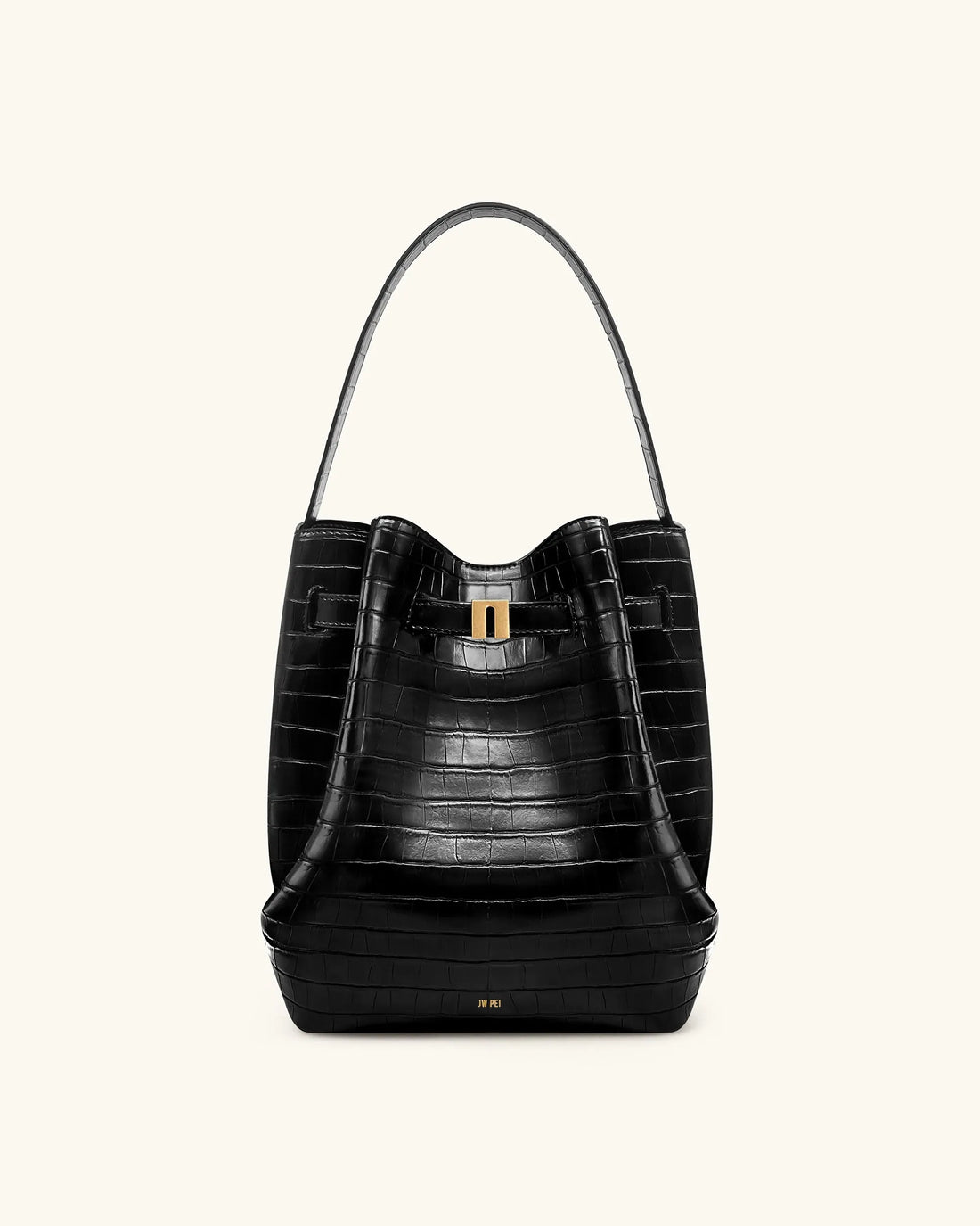 JW PEI Black Croc Women Clara Lock Accent Bucket Shoulder Bag - Black Croc SKU: 5S394-1_Black Croc Image 01