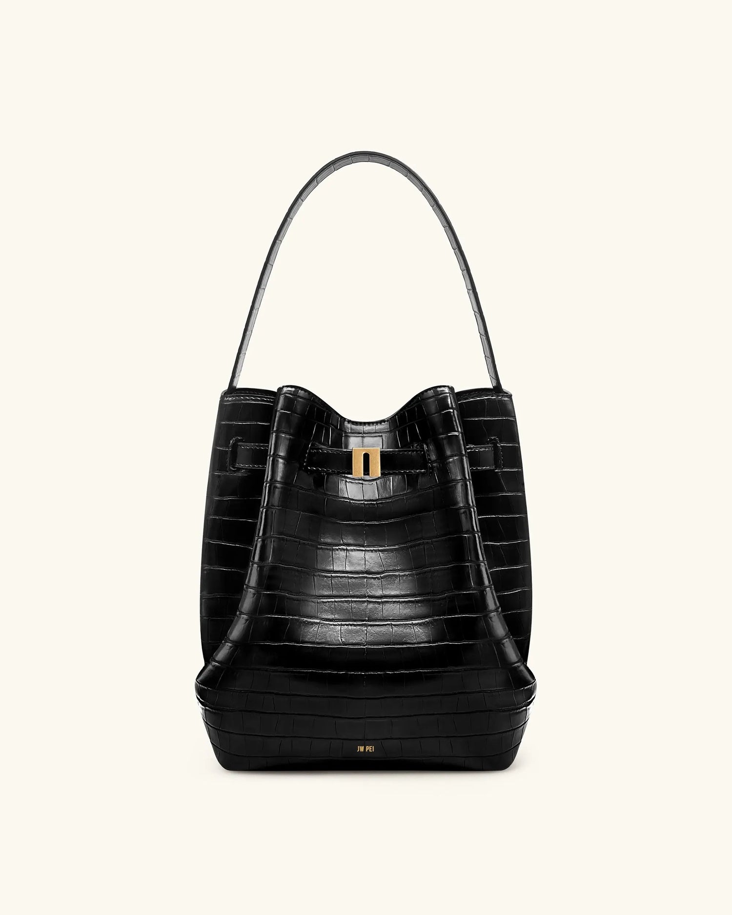 JW PEI Black Croc Women Clara Lock Accent Bucket Shoulder Bag - Black Croc SKU: 5S394-1_Black Croc Image 01