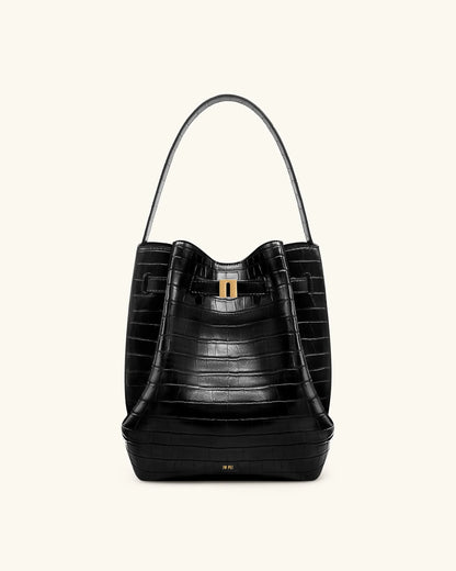 JW PEI Black Croc Women Clara Lock Accent Bucket Shoulder Bag - Black Croc SKU: 5S394-1_Black Croc Image 01