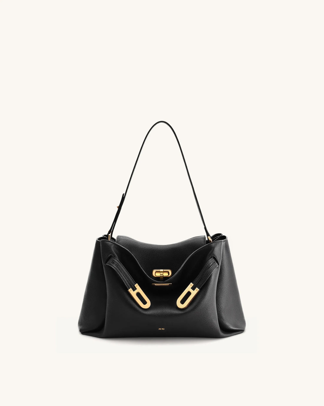 JW PEI Black Women Rhea Pebbled Double Buckle Shoulder Bag SKU: 5S402-1_Black Image 01