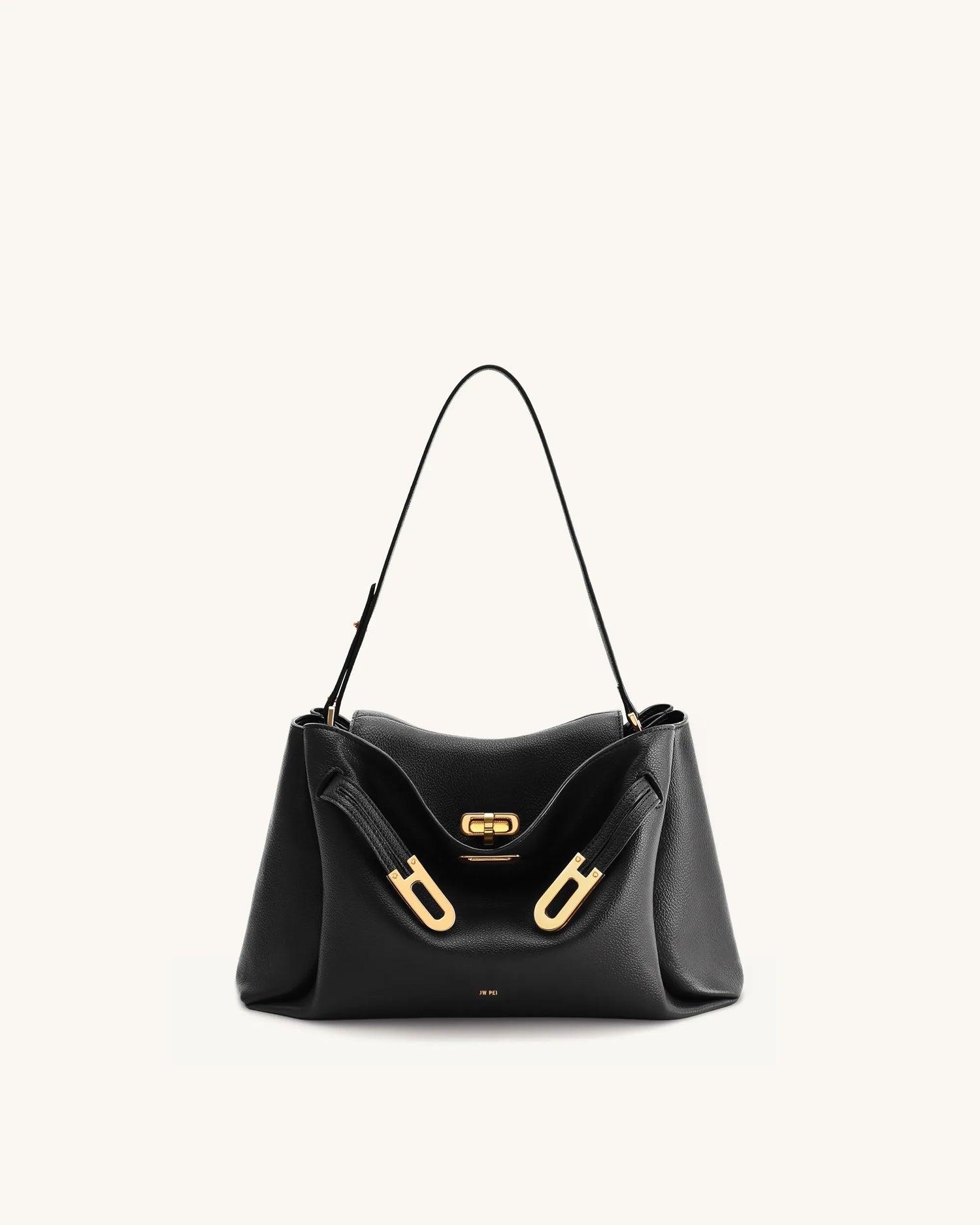 JW PEI Black Women Rhea Pebbled Double Buckle Shoulder Bag SKU: 5S402-1_Black Image 01