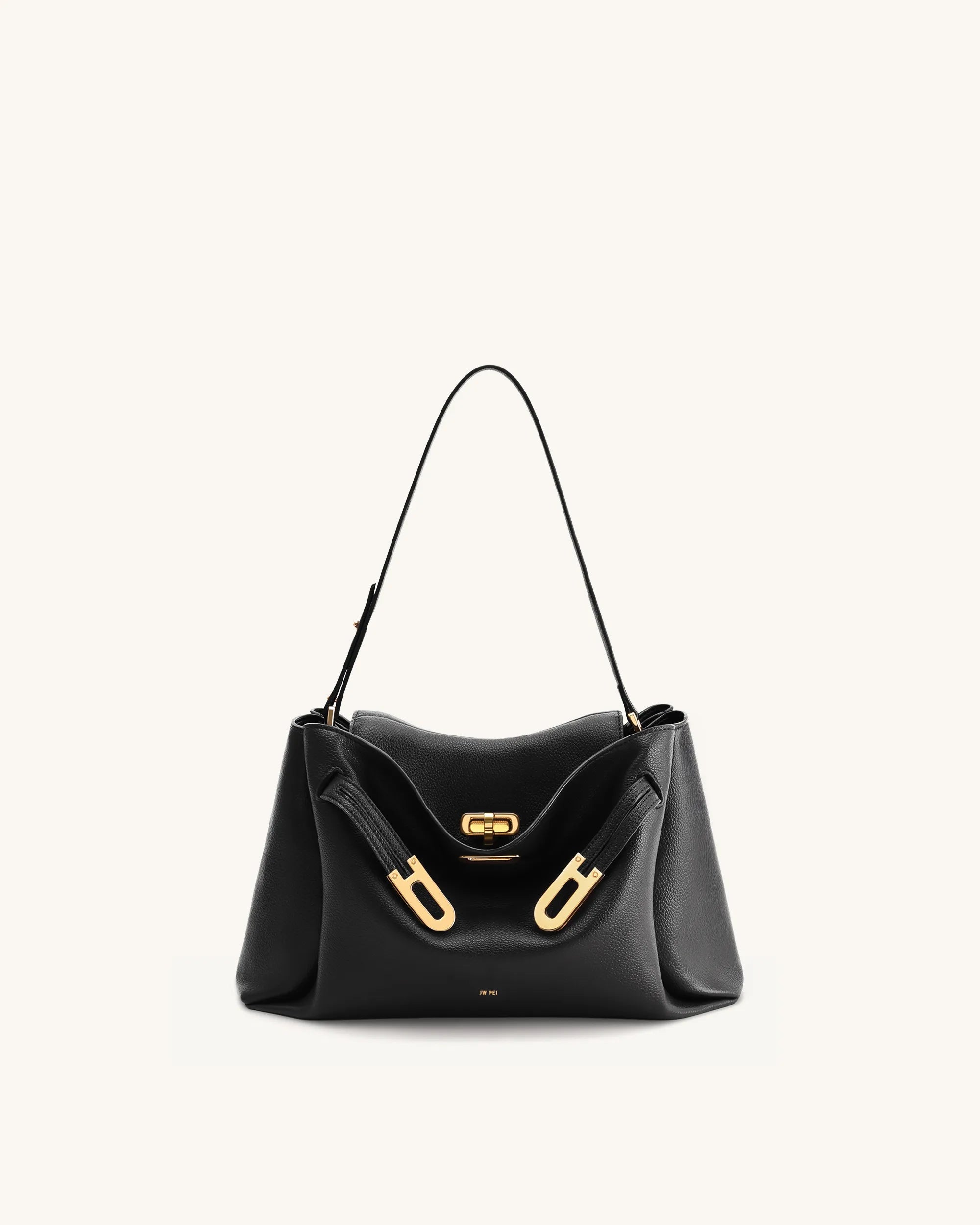 JW PEI Black Women Rhea Pebbled Double Buckle Shoulder Bag SKU: 5S402-1_Black Image 01