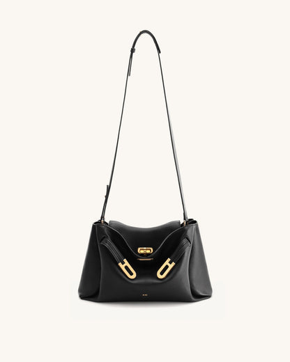 JW PEI Black Women Rhea Pebbled Double Buckle Shoulder Bag SKU: 5S402-1_Black Image 02
