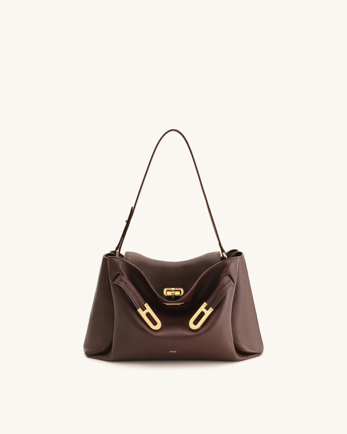 JW Pei Dark Brown Women Rhea Pebbled Double Buckle Shoulder Bag SKU: 5S402-3_Dark Brown Image 01