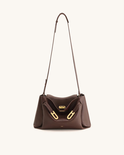 JW Pei Dark Brown Women Rhea Pebbled Double Buckle Shoulder Bag SKU: 5S402-3_Dark Brown Image 02