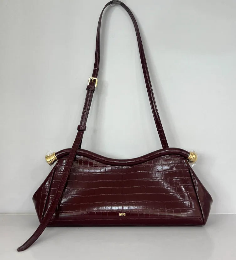 JW Pei Burgundy Croc Women Naomi Curved Shoulder Bag SKU: 5S414-4_Burgundy Croc Image 01