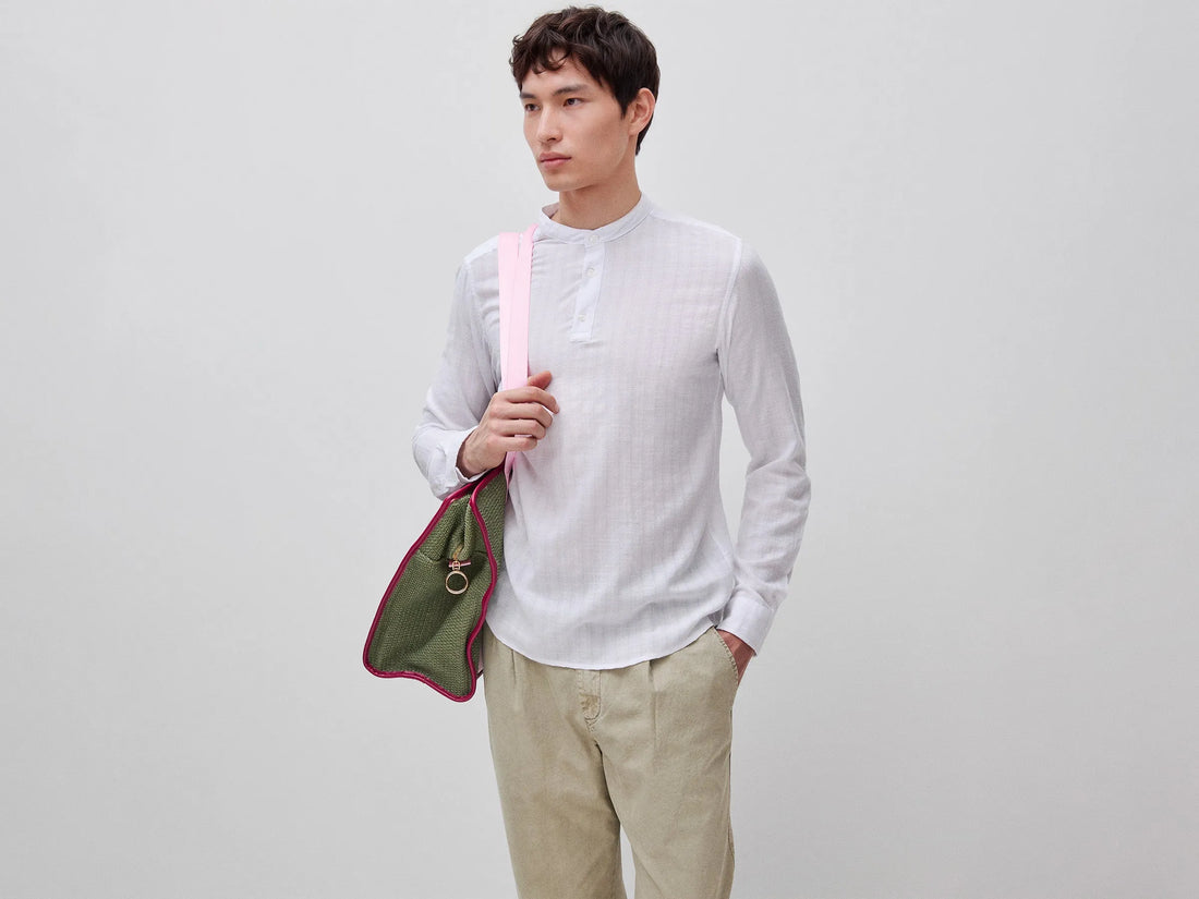 Benetton White Men Striped Henley Shirt SKU: 5TYEUQ075_701 Image 01