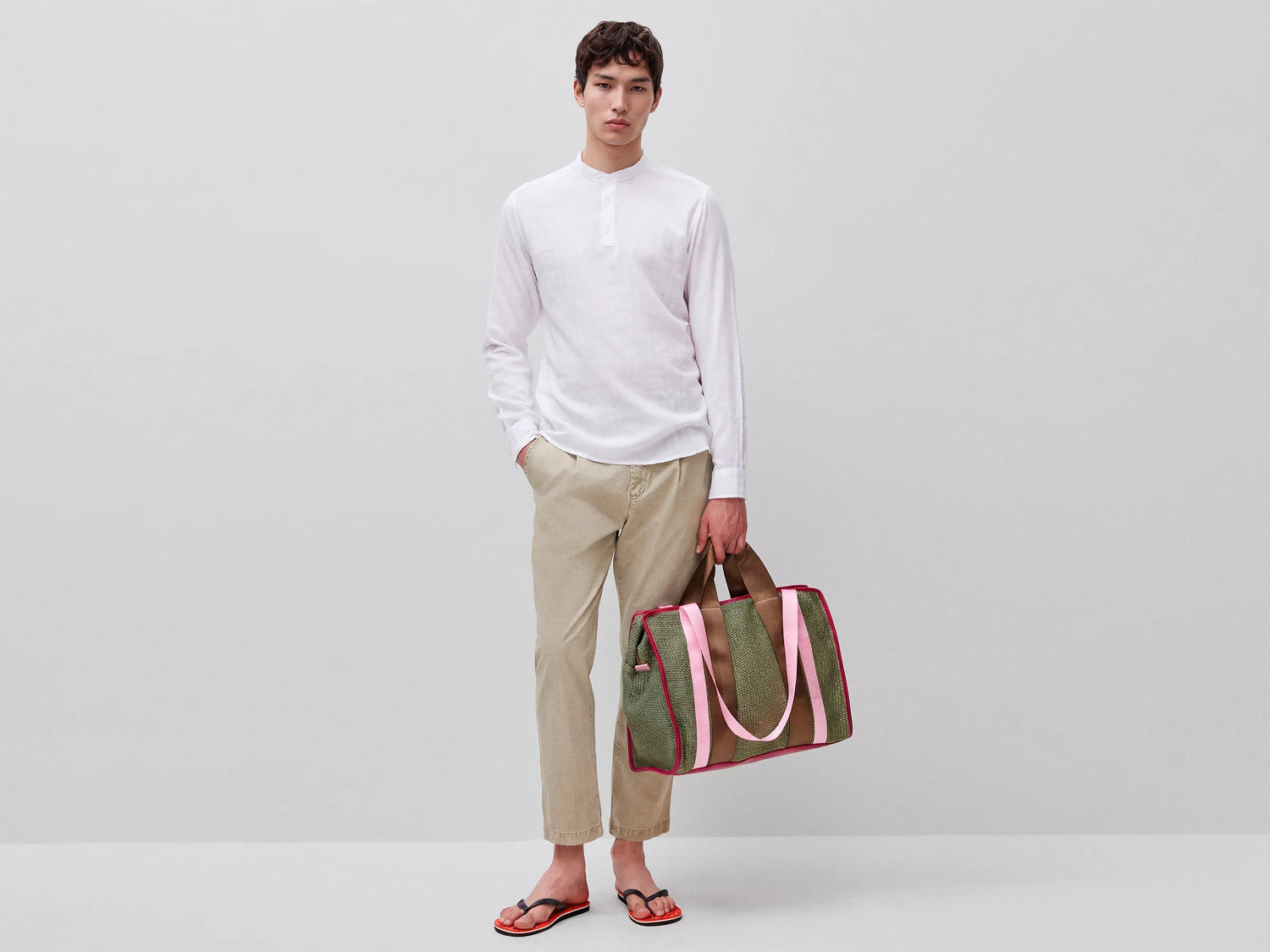 Benetton White Men Striped Henley Shirt SKU: 5TYEUQ075_701 Image 03