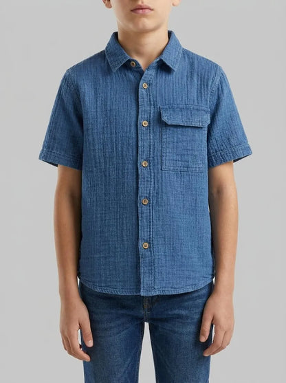 Benetton Dark Blue Boys Short-Sleeved Shirt in Light Gauze SKU: 5V7JGQ037_901 Image 00
