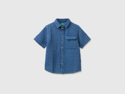 Benetton Dark Blue Boys Short-Sleeved Shirt in Light Gauze SKU: 5V7JGQ037_901 Image 01