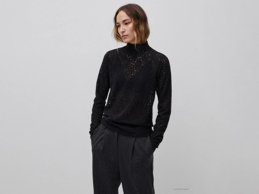 Benetton Black Women High-Neck Lace Blouse SKU: 5VCCDQ0FJ_100 Image 01